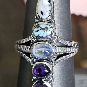 White Buffalo & Blue Moon Turquoise Ring in Black Oxidised Sterling Silver